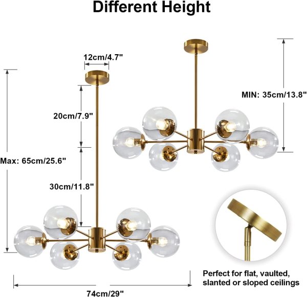 Lighting Modern 6-Light Sputnik Chandelier with Clear Glass Globe Mid Century Adjustable Ceiling Pendant Light Gold Brass Flush Mounted Fixture