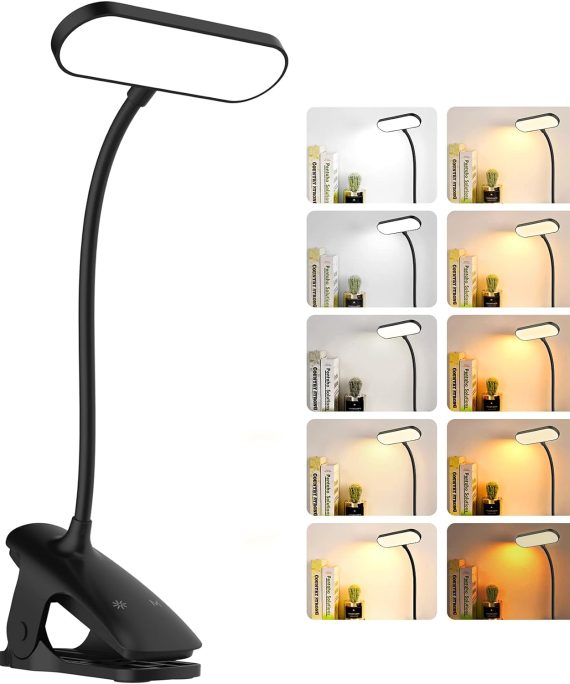 Desk Lamp for Home Office, 36 LED Rechargeable Table Lamp with 5 Color Modes 5 Brightness, Eye Protection Clip on Reading Light Night Light for Bed