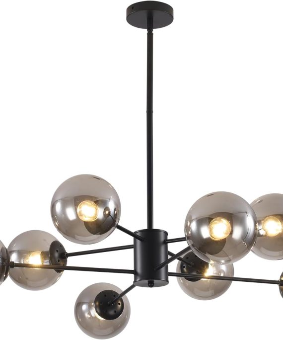 Mid Century Modern Matte Black Chandelier 8-Lights Globe Glass Ball Chandelier Flush Mount Ceiling Light Industrial Vintage Farmhouse Kitchen Island Pendant Lighting Fixture, BP1106-BS