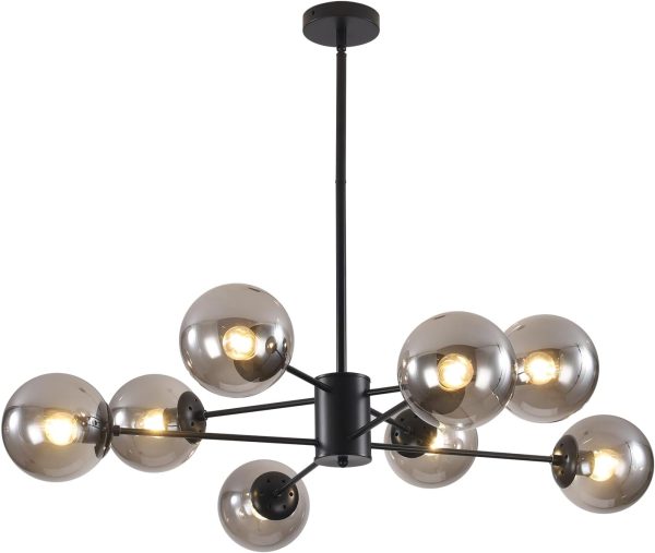 Mid Century Modern Matte Black Chandelier 8-Lights Globe Glass Ball Chandelier Flush Mount Ceiling Light Industrial Vintage Farmhouse Kitchen Island Pendant Lighting Fixture, BP1106-BS