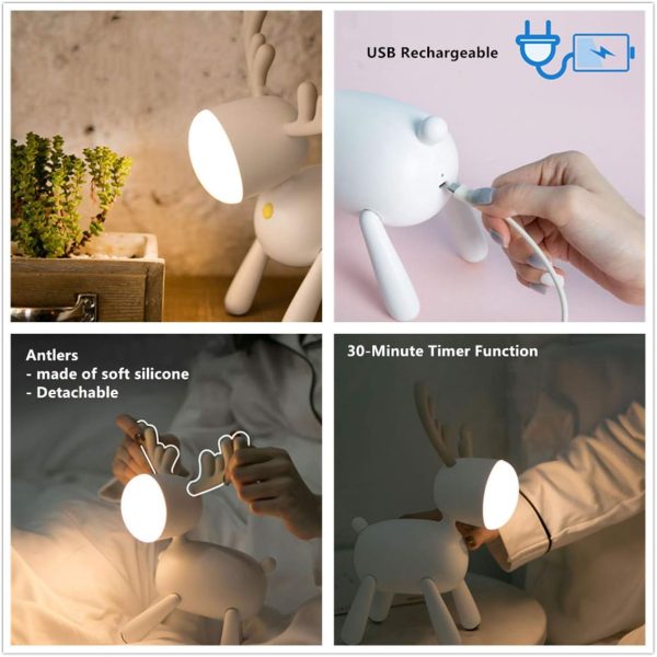 Reindeer Table Desk Lamp Baby Nursery Night Light USB Rechargeable 2 Light Modes 30 Minutes Timer for Child Baby Students Birthday Gift (White)
