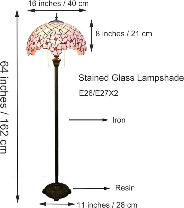 Floor Lamp [2-Lights][16''WX62''h] Home Decoration Lights Antique Stained Glass Pink Cherry Blossom Standing Reading Light for Living Room Bedroom Corridor Corner Bedside