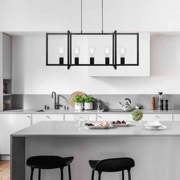 Farmhouse Modern Kitchen Island Chandelier, Industrial Black Island Light Fixture for Dining Room Kitchen Living Room (5-Light)