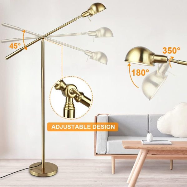 Metal Floor Lamp, Adjustable Swing Arm Reading Standing Lamp, 9W Modern Pole Light Brass Task Lighting for Living Room Bedroom Office Home Decor, E26 Bulb Included, Gold