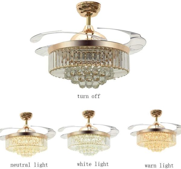 42" Reversible Ceiling Fans Chandeliers Modern Retractable Ceiling Fan with LED Light and Remote, Invisible Crystal Ceiling fan with 4 Clear ABS Blade, Diningroom Ceiling Light Kits with Fans (Gold)
