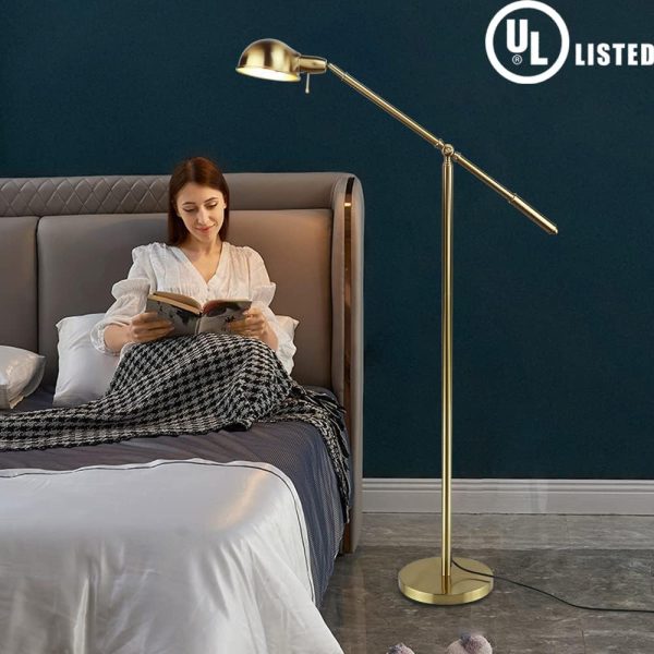 Metal Floor Lamp, Adjustable Swing Arm Reading Standing Lamp, 9W Modern Pole Light Brass Task Lighting for Living Room Bedroom Office Home Decor, E26 Bulb Included, Gold