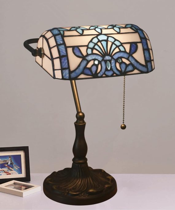Bankers Table Lamp Stained Glass Piano Desk Lamp Vintage Bedroom Bedside Lamp for Study,Antique Alloy Base,Zipper Switch,Blue Baroque