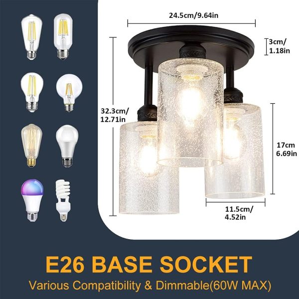Semi Flush Mount Ceiling Light Farmhouse, Seeded Glass Chandelier Ceiling Light Fixture with 3-Light for Dining Room, Hallway, Kitchen, Bedroom, Entryway, E26 Base Black