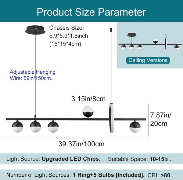 Modern LED Chandeliers for Dining Room, Dimmable Kitchen Pendant Lighting Over Island, 39in Linear Globe Chandelier Light Fixture, Black Hanging Pendant Lights for Kitchen Island (2400lm)