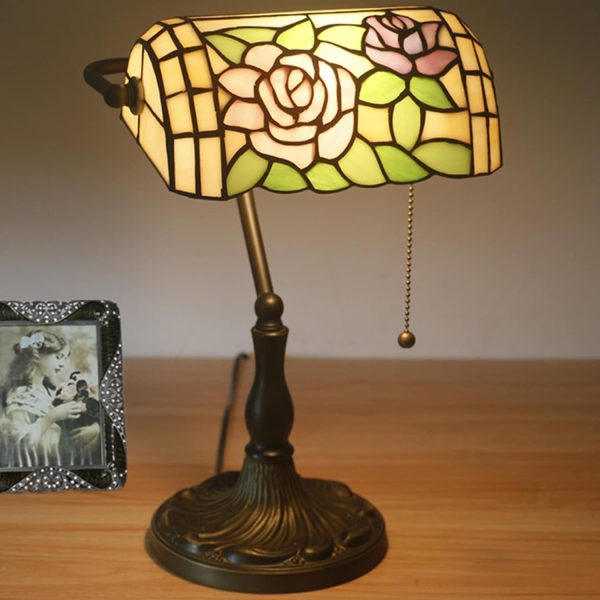 Bankers Table Lamp Stained Glass Piano Desk Lamp Vintage Bedroom Bedside Lamp for Study,Antique Alloy Base,Zipper Switch,Blue Baroque