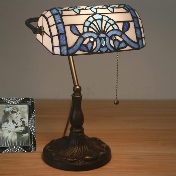 Bankers Table Lamp Stained Glass Piano Desk Lamp Vintage Bedroom Bedside Lamp for Study,Antique Alloy Base,Zipper Switch,Blue Baroque