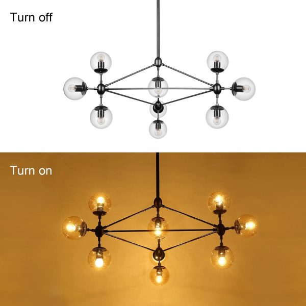 10-Light Chandelier Black Finish with Globe Glass Shade, Modern Chandelier for Kitchen Island Dining Room Living Room