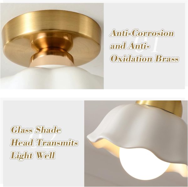 Modern Semi Flush Mount Ceiling Light Fixture Vintage White Ceramic Ceiling Lights Contemporary Brass Hallway Light for Hallway Entryway Bathroom