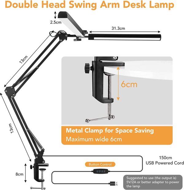 LED Desk Lamp Double Head, 24W Brightest Architect Table Lamp for Home Office, 73cm Modern Monitor Light Double Swing Arm, 3 Colors 10 Brightness for Studio Reading Piano (Black)