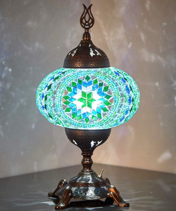 (15 Colors) Battery Operated Mosaic Table Lamp with Built-in LED Bulb, Turkish Moroccan Handmade Mosaic Table Desk Bedside Mood Accent Night Lamp Light Lampshade with LED Bulb,No Cord (Teal)