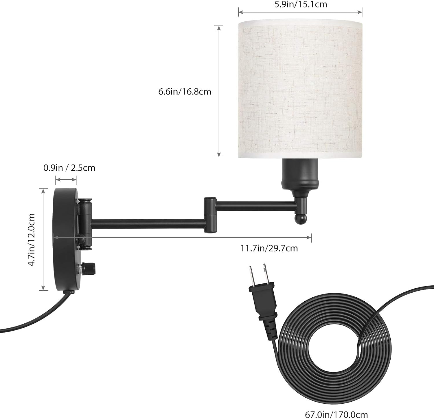 Plug in Wall Light Set of 2, Swing Arm Wall Lamps, Modern Bedroom Wall Sconce Fixtures with Linen Lampshade for Reading Hallway Living Room