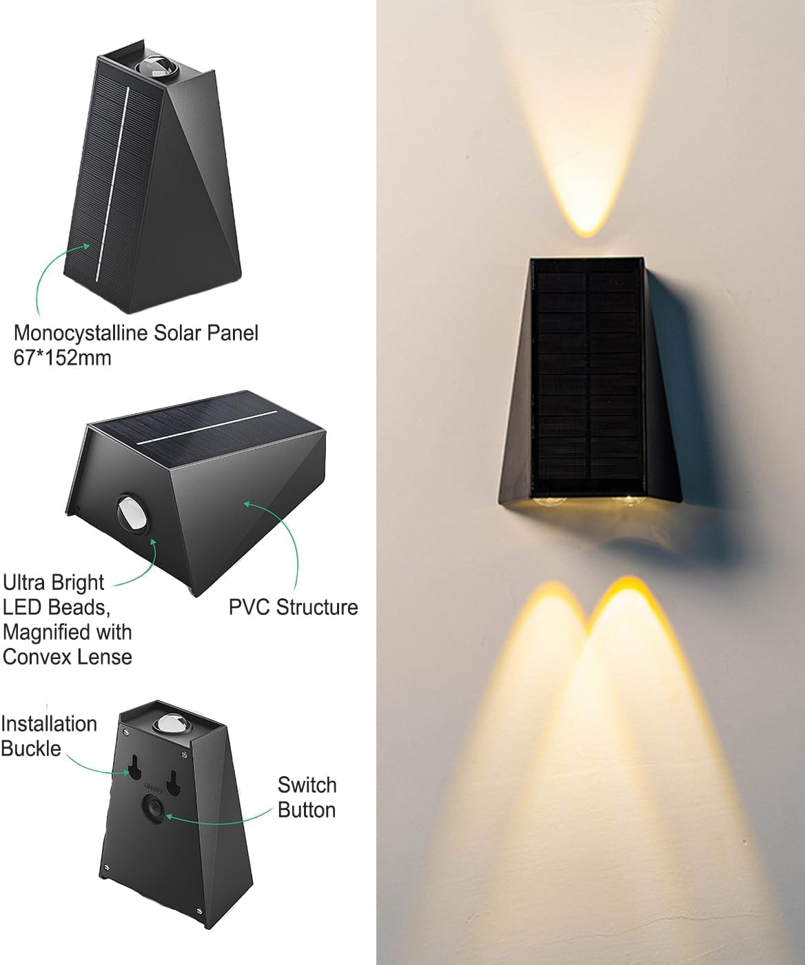 Solar Lights Decorative Up Down Outdoor Wall Sconce Light Flood Lights Dusk to Dawn Outdoor Lighting Fixture Bright Deck Lights Outdoor Waterproof Fence Solar Lamp for Post Patio Yard Porch