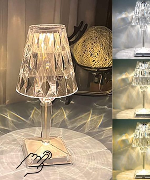 Crystal Table Lamp Touch Control Crystal Rose Lamp, [2000mAh]Rechargeable LED Diamond Table Lamps with 3 Color Changing Light, [Non-Yellowing]Acrylic Cordless Table Lamp Small Lamp for Room Bedroom