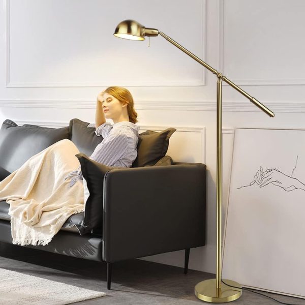 Metal Floor Lamp, Adjustable Swing Arm Reading Standing Lamp, 9W Modern Pole Light Brass Task Lighting for Living Room Bedroom Office Home Decor, E26 Bulb Included, Gold