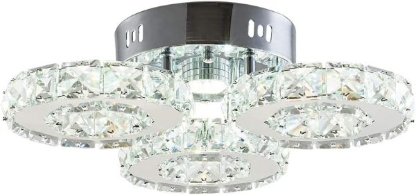 Modern Crystal Chandelier 3 Rings LED Crystal Flush Mount Ceiling Light Fixtures Contemporary Stainless Steel Pendant Bedroom Lights Fixtures for Dining Room Living Room (Cool White)
