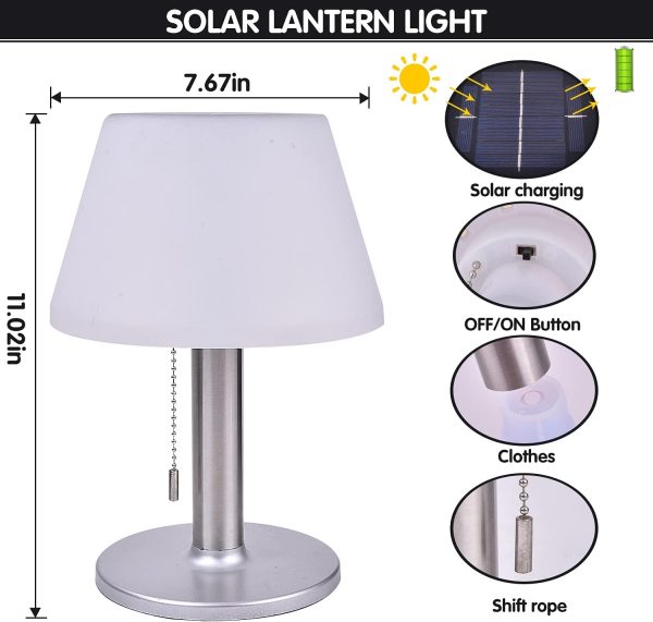 Solar Table Lamp Outdoor Indoor - 3 Lighting Modes, Eye-Caring LED Waterproof Cordless Solar Desk Lamp with Pull Chain for Outside Patio Garden Bedroom Living Room(White Modern Decor)