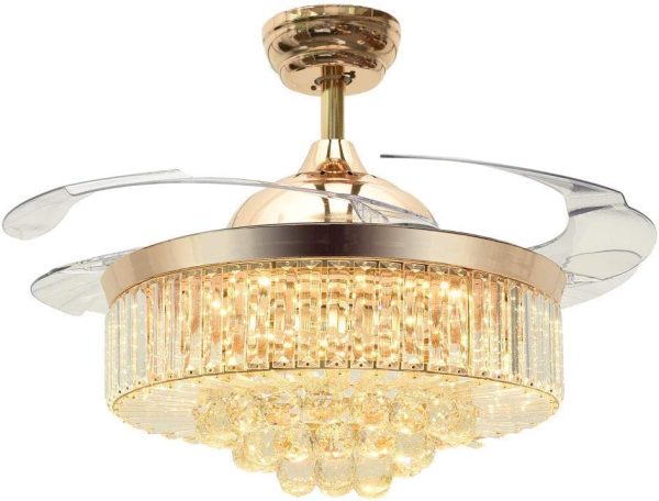 42" Reversible Ceiling Fans Chandeliers Modern Retractable Ceiling Fan with LED Light and Remote, Invisible Crystal Ceiling fan with 4 Clear ABS Blade, Diningroom Ceiling Light Kits with Fans (Gold)