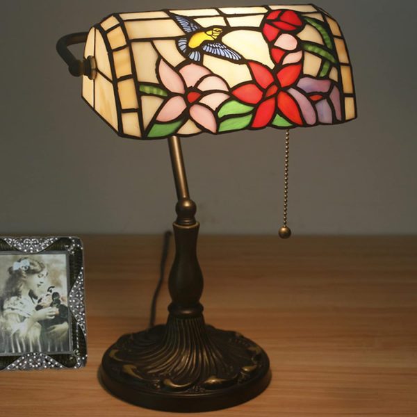 Bankers Table Lamp Stained Glass Piano Desk Lamp Vintage Bedroom Bedside Lamp for Study,Antique Alloy Base,Zipper Switch,Blue Baroque