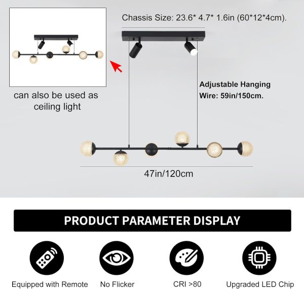 Modern Globe Pendant Light, 47in Dimmable LED Black Chandelier Light Fixture, Linear Hanging Pendant Light Fixtures Bubble Chandelier for Dining Room Table Kitchen Island Home (6-Bulb)