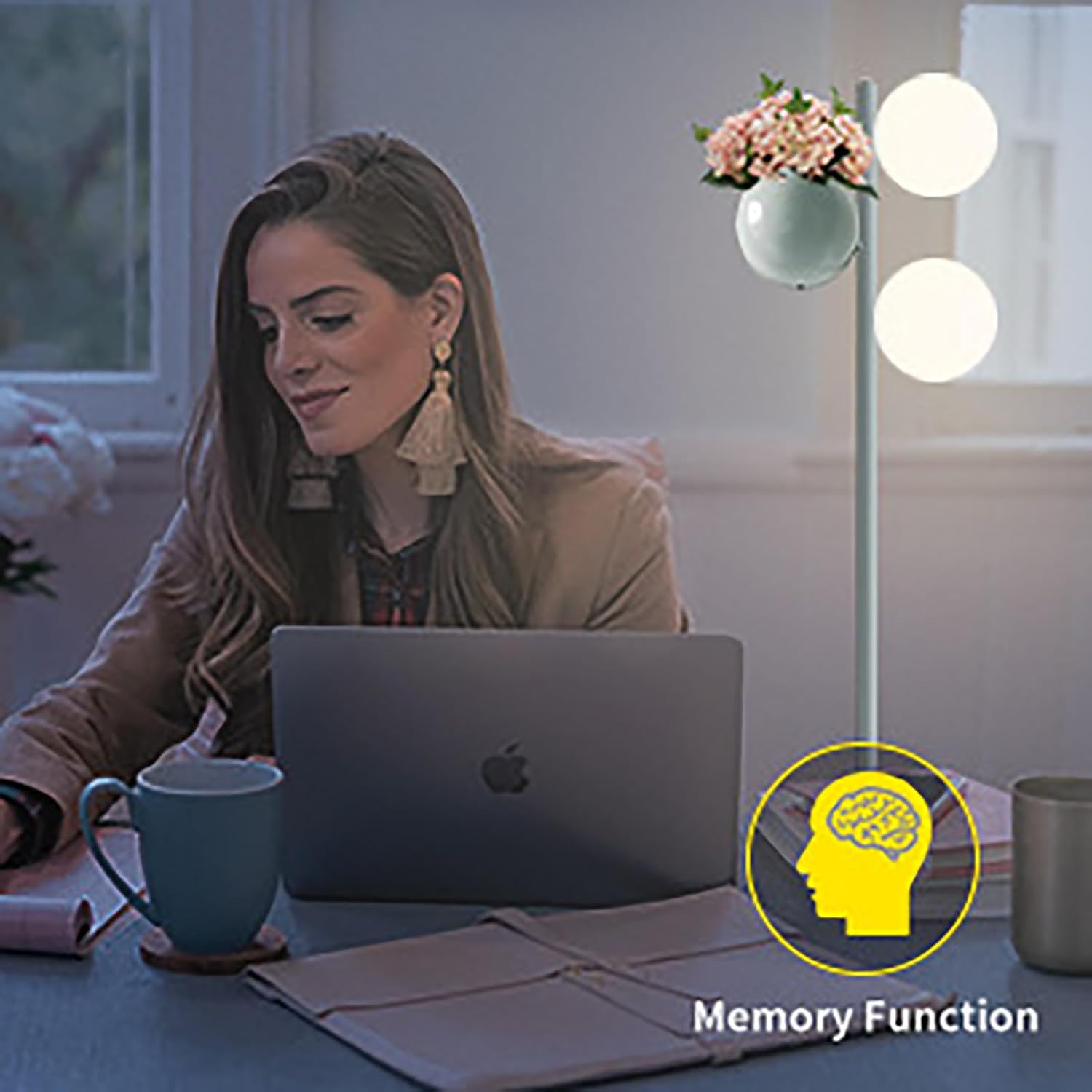 Globe Floor Lamp for Living Room, 2 Globe Bright Standing Lamp with Flower Pots, Moon Floor Lamp with 3 Color Temperature & Brightness Adjustable Modern Stand Up Lamp for Bedroom Reading Room