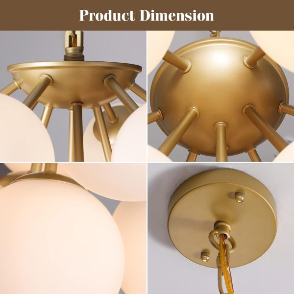 Modern 10-Lights Milk Opal Glass Globe Sputnik Chandelier, Satin Brass Molecule Magic Bean Shape of Grape Kitchen Island Pendant Light Fixture, Gold Mid Century Ceiling Hanging Light for Living Room