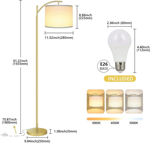 Floor Lamp with 3CCT LED Bulb, Lamp for Living Room with White Lamp Shade, Modern Standing Lamp Floor Lamps for Bedrooms - Gold