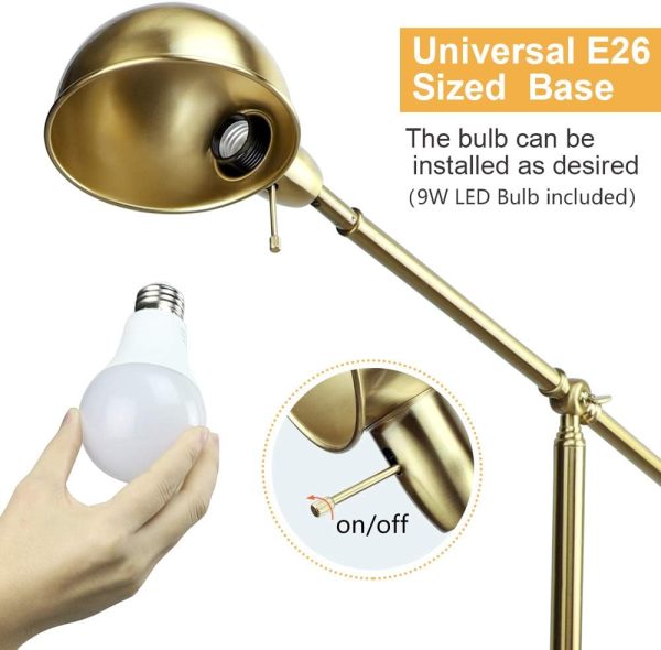 Metal Floor Lamp, Adjustable Swing Arm Reading Standing Lamp, 9W Modern Pole Light Brass Task Lighting for Living Room Bedroom Office Home Decor, E26 Bulb Included, Gold