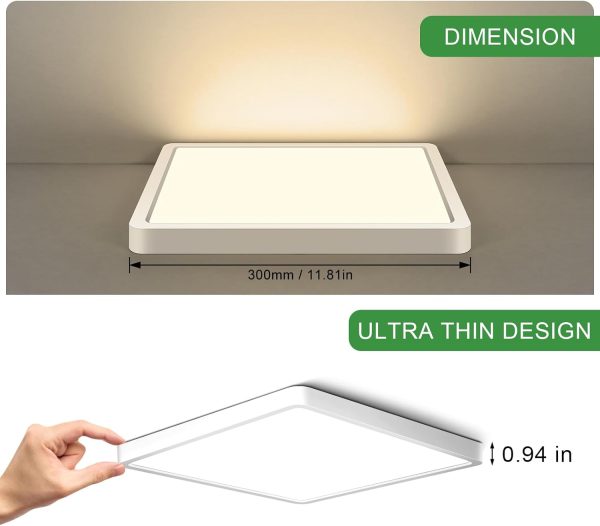 12Inch 24W Square LED Ceiling Light Fixtures Flush Mount, 2800K Warm White LED Ceiling Lamp, Surface Mount Modern Ceiling Lights, Slim Flat Panel Lighting for Bedroom, Kitchen, Bathroom Etc.