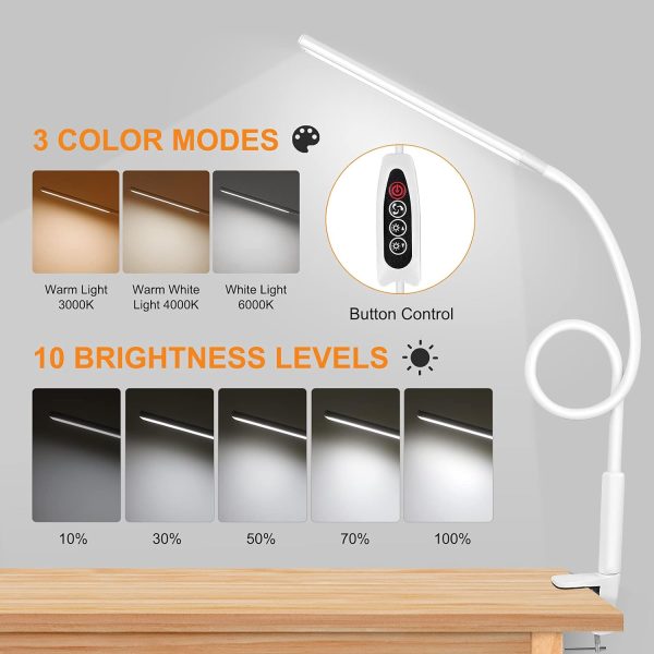 LED Desk Lamp, Swing Arm Table Lamp with Clamp, Flexible Gooseneck Task Lamp, Eye-Caring Architect Desk Light, 3 Modes 10 Brightness Levels, Memory Function Desk Lamps for Home Office, 10W