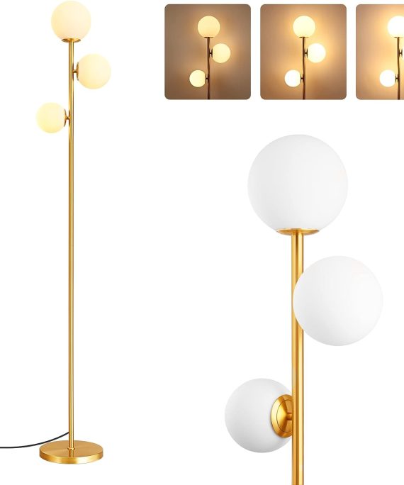 69in Gold Modern Floor Lamp for Living Room, Upgraded Dimmable 3 Globe Mid Century Standing Lamps, Built-in LED, Frosted Glass Shade, Luna Tall Pole Lamp for Bedroom, Hotel -Antique Brass