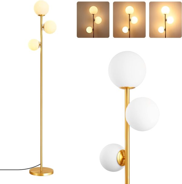 69in Gold Modern Floor Lamp for Living Room, Upgraded Dimmable 3 Globe Mid Century Standing Lamps, Built-in LED, Frosted Glass Shade, Luna Tall Pole Lamp for Bedroom, Hotel -Antique Brass