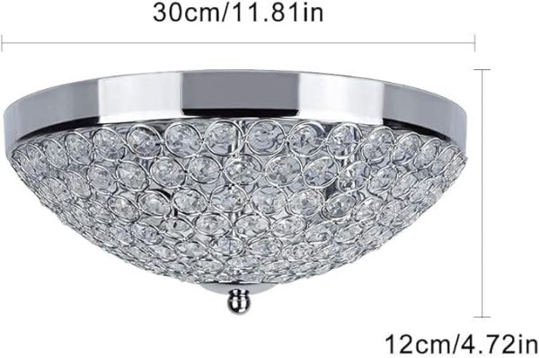 Modern Flush Mount Crystal Ceiling Light, 2-Light Small Chandelier Close to Ceiling Light Fixtures for Bedroom, Entryway, Foyer, Hallway, Dining Room, Chrome Finish Bowl Shape Shade E12