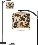 Modern Arc Floor Lamp with Dimmer Mid Century Cow Leather Skin Brown Metal Standing Lamp with Linen Shade Footswitch for Living Room Bedroom Office