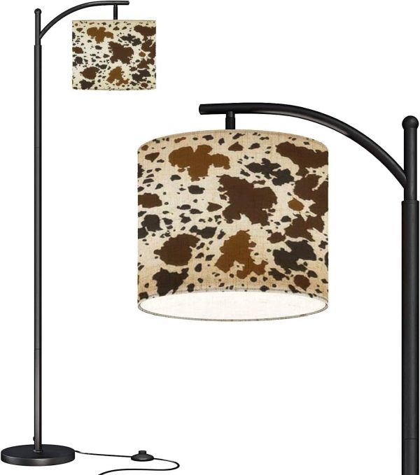 Modern Arc Floor Lamp with Dimmer Mid Century Cow Leather Skin Brown Metal Standing Lamp with Linen Shade Footswitch for Living Room Bedroom Office