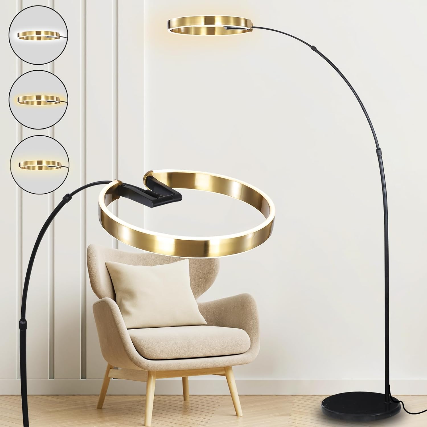 MGJXTWG Arc Floor Lamps for Living Room, Gold Modern Floor Lamp, Tall Pole Lamp with Foot Switch, Adjustable Hanging Drum Shade, Over Couch Arched Reading Light for Bedroom, Office,