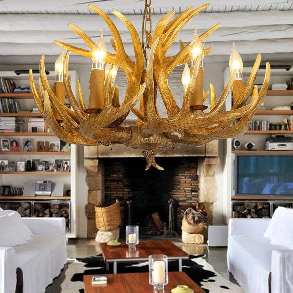 Antler Chandelier 6 Light, Resin Deer Antler Chandelier Lighting, Rustic Antler Ceiling light Fixtures with E12 Base, Christmas Antler Chandelier Decorations for Dining Room Porch Kitchen Entryway