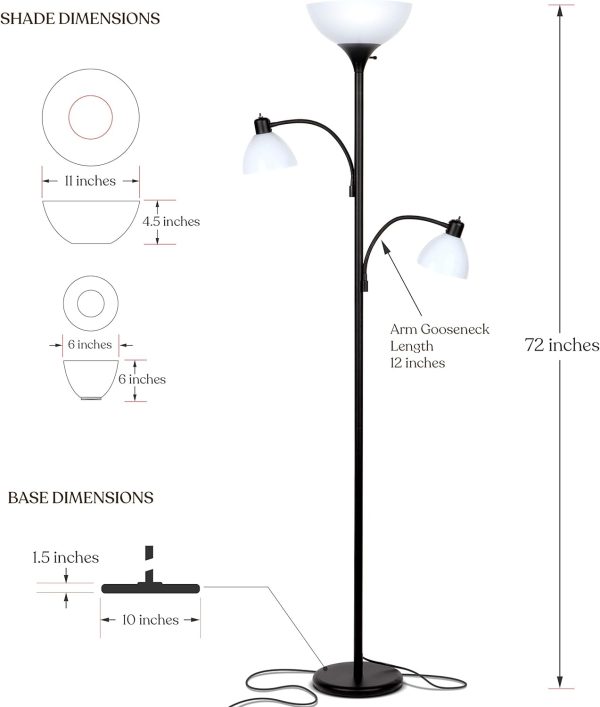 Double LED Floor lamp, Torchiere Super Bright Floor Lamp with 2 Reading Lamps for Living Rooms & Offices - Dimmable Tall Standing Lamp for Bedroom Reading - Tall Black Pole