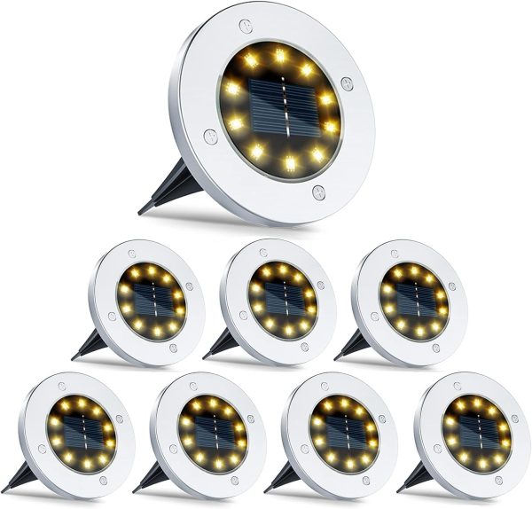 Solar Ground Lights - 8LED Solar Garden Lights Outdoor Waterproof Sidewalk Disk Bright In-Ground Landscape Lighting for Lawn Patio Pathway Yard Steps Deck Walkway Light (Warm White) (10 Pack)