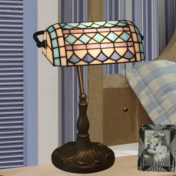 Bankers Table Lamp Stained Glass Piano Desk Lamp Vintage Bedroom Bedside Lamp for Study,Antique Alloy Base,Zipper Switch,Blue Baroque