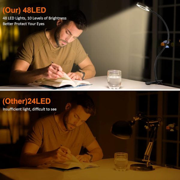 Clip on Light Reading Lights , 48 LED USB Desk Lamp with 3 Color Modes 10 Brightness, Eye Protection Book Clamp Light , 360 ?? Flexible Gooseneck Clamp Lamp for Desk Headboard and Video Conference