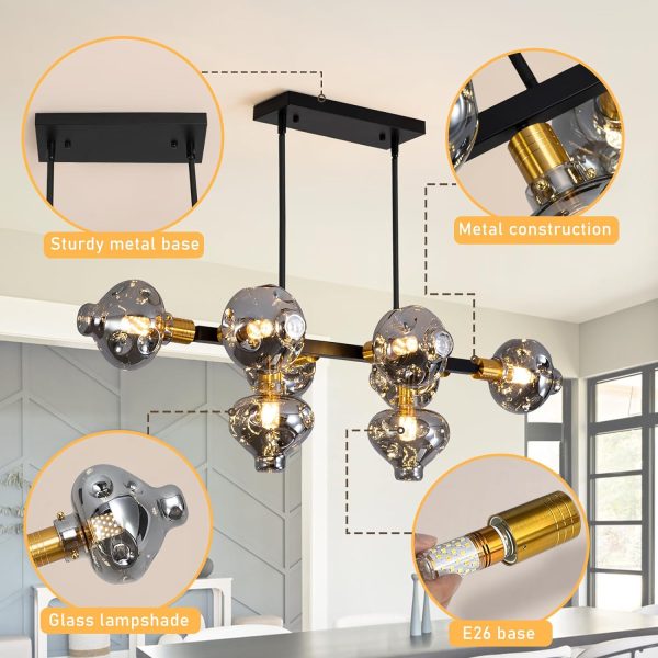 Mid Century Modern Chandelier 8-Light Black and Gold Chandeliers Fixture with Smoke Gray Glass,Ceiling Light Fixture Height Adustable Pendant Light for Kitchen Island Living Room Dining Room