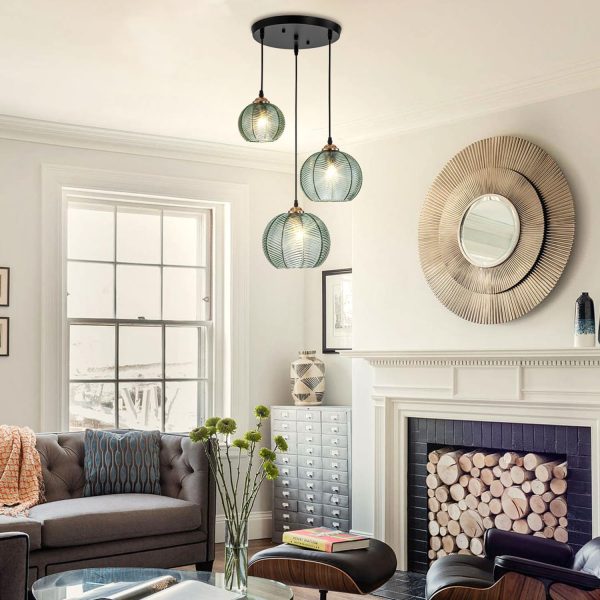 Glass Pendant Light Kitchen Island Modern Chandelier Pendant Lighting Green Ribbed Glass Shade Globe Pendant Light Fixture for Kitchen Dining Room Living Room Bedroom Farmhouse