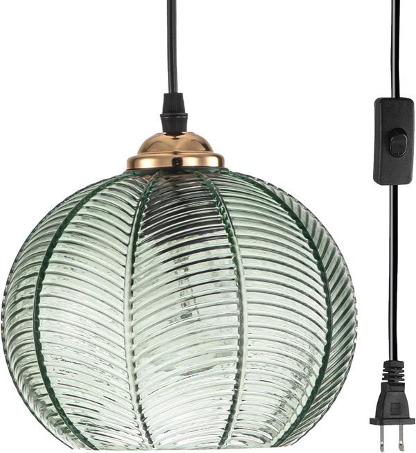 Glass Pendant Light Kitchen Island Modern Chandelier Pendant Lighting Green Ribbed Glass Shade Globe Pendant Light Fixture for Kitchen Dining Room Living Room Bedroom Farmhouse