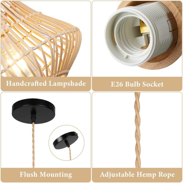Farmhouse Rattan Pendant Lights, Boho Ceiling Chandelier Light Fixture, Natural Bamboo Shade, Cage Basket Pendant Hanging for Dining Room Living Room Kitchen Bedroom, P1011