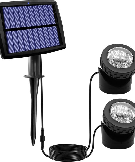 Solar LED Pond Spotlights Outdoor, VEEKI Waterproof 12 LED Solar Underwater Lights with Dual Head Submarine Landscape Spotlight Security Lighting, Adjustable Lighting Angle for Outdoor Patio (1 Pack)